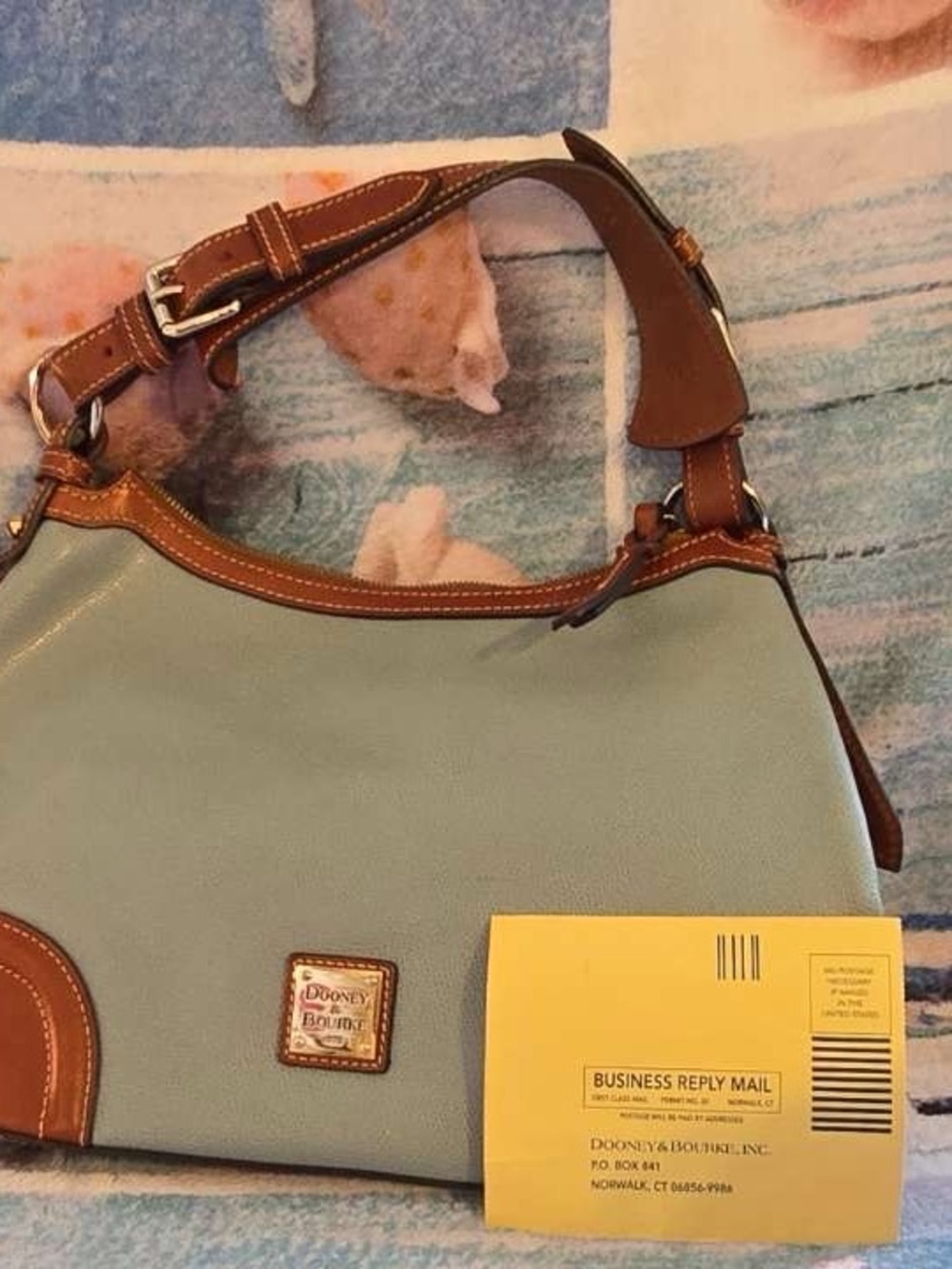Dooney & Bourke Light Blue Canvas Shoulder Bag with Brown Leather Trim